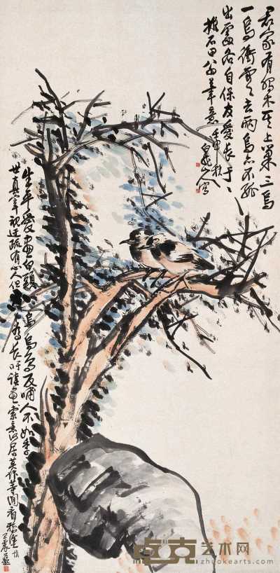 王震 署年：壬申(1932) 白头双棲 立轴 118.5×64.5cm